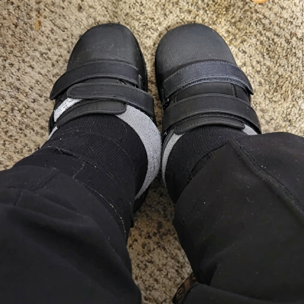 Klobige schwarze Sanitätshaus-Schuhe — Symbol für die alte Stütz-Logik, die den Fuß schwächt