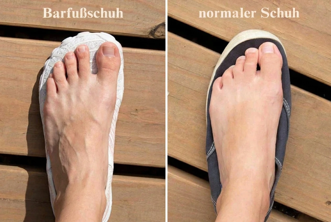 Direkter Zehen-Vergleich: Barfußschuh mit gespreizten Zehen vs. normaler Schuh mit zusammengedrückten Zehen