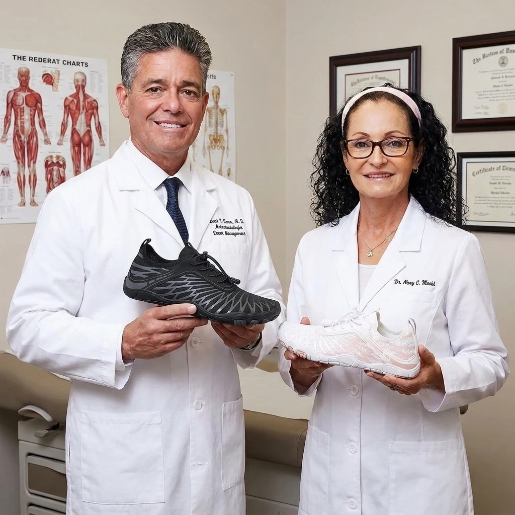 Zwei Orthopäden im Praxis-Setting mit dem Zevery Terra Barfußschuh