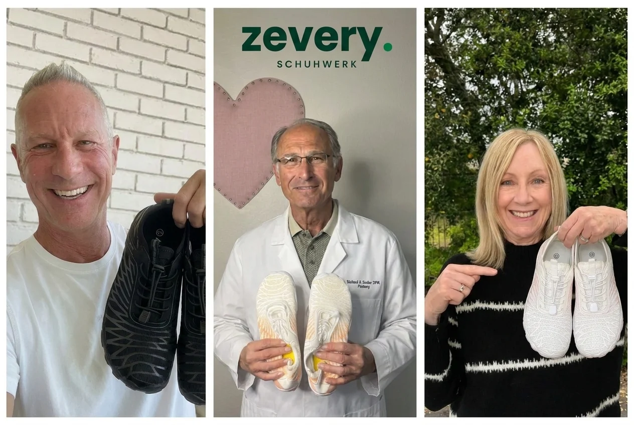 Drei zufriedene Kundinnen und Kunden mit dem Zevery Terra Barfußschuh